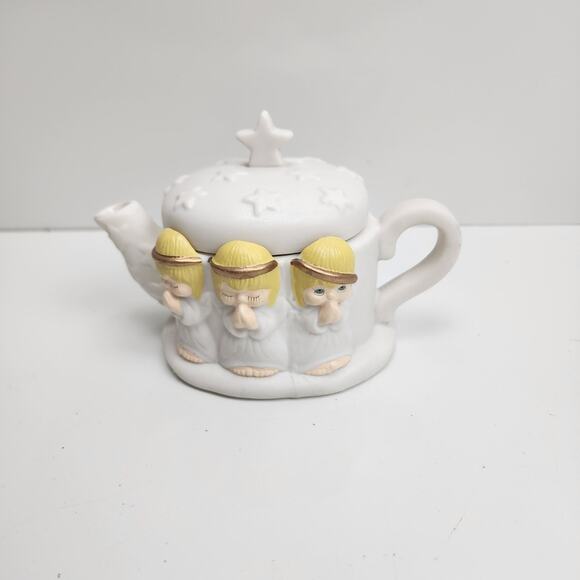 Hallmark Houston Harvest Christmas 3 Praying Angels & Stars Small Ceramic Teapot - Picture 1 of 6